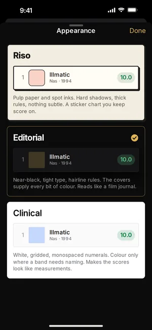 Canon's appearance sheet previewing the Riso, Editorial, and Clinical themes, with Editorial chosen