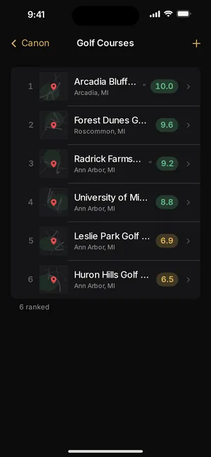 A Golf Courses list in Canon, each course with a small rendered map in place of cover art