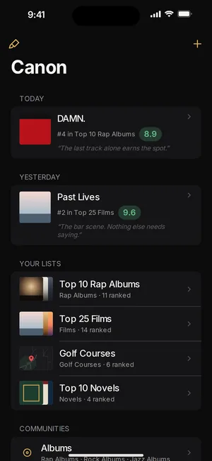 Canon's home screen, with today's and yesterday's rankings, their scores and notes, and your lists