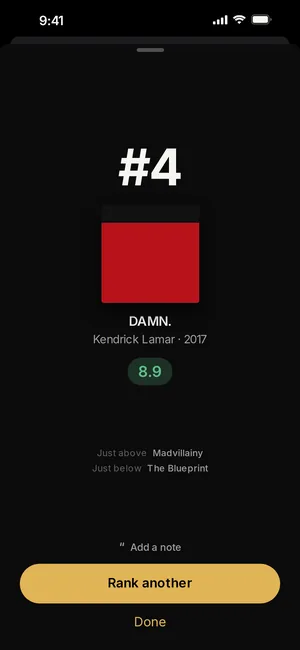 Where DAMN. landed in Canon: #4, a score of 8.9, and the albums just above and below