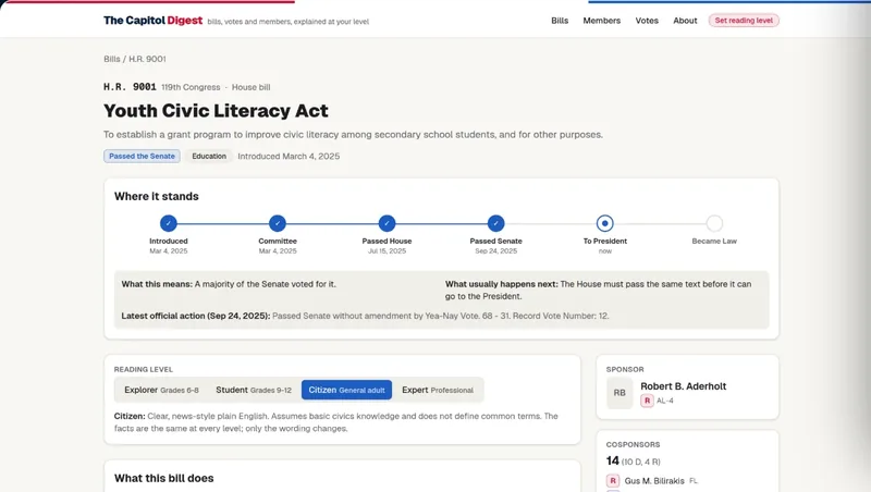A bill page in The Capitol Digest on the web: the progress tracker, what the latest stage means, the reading level switch, and the sponsor