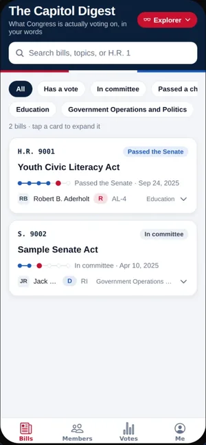 The Capitol Digest bills feed on the iPhone, with search, stage and topic filters, and two bill cards