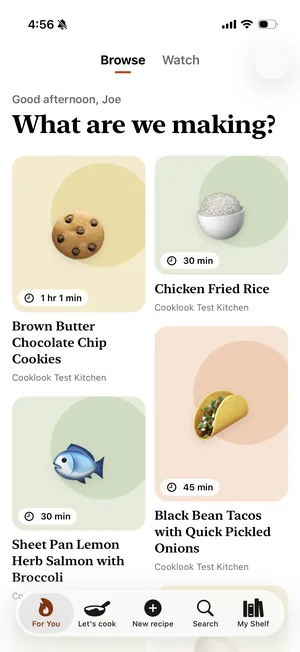 The Browse feed, a grid of recipe cards with cook times