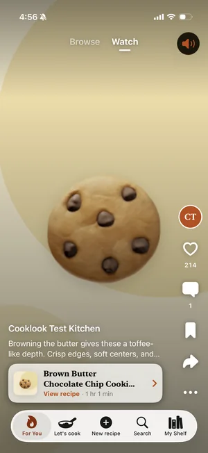 The Watch feed, a full-screen cooking video linked to its recipe
