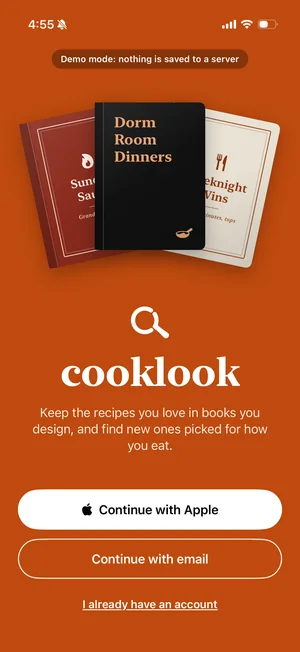 Cooklook's welcome screen with three designed cookbook covers