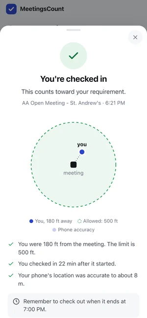 A confirmed check-in, with a drawing of the phone's position inside the allowed circle