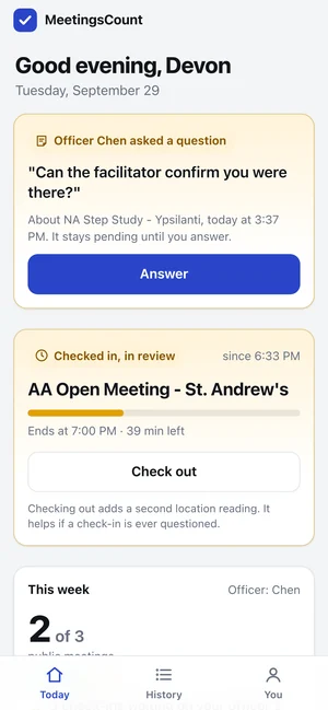 An officer's question waiting at the top of the participant's app, with an Answer button