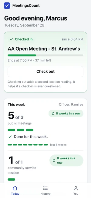 The participant app on a phone: checked in to a meeting, done for the week, eight weeks in a row